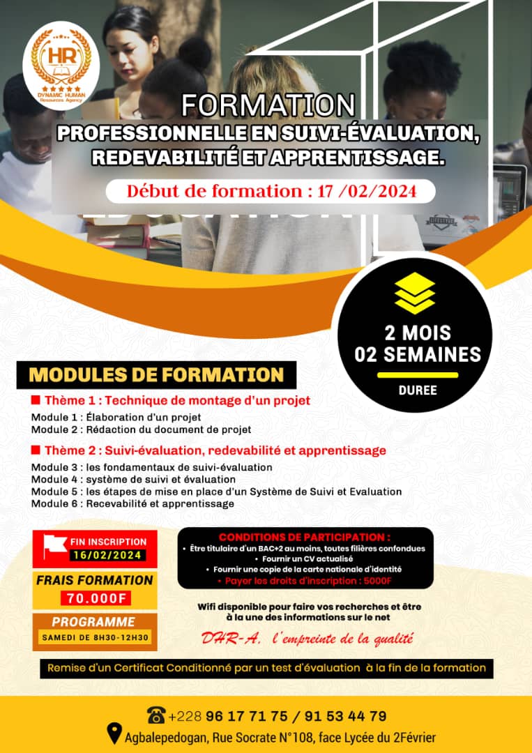 FORMATION PROFESSIONNELLE EN SUIVI-ÉVALUATION, REDEVABILITÉ ET APPRENTISSAGE. 1ere Edition 2024