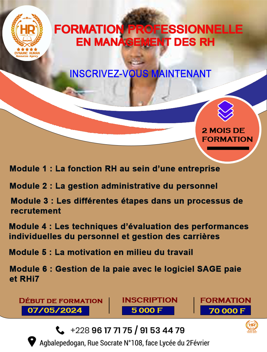 FORMATION PROFESSIONNELLE EN MANAGEMENT DES RESSOURCES HUMAINES (FPMRH)  2ème édition 2024